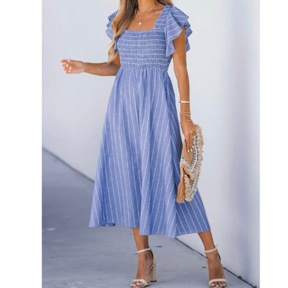 Cupshe Blue Pinstriped Smocked Maxi Beach Dress Ruffle Cap Sleeve Size Large NEW - Picture 10 of 13